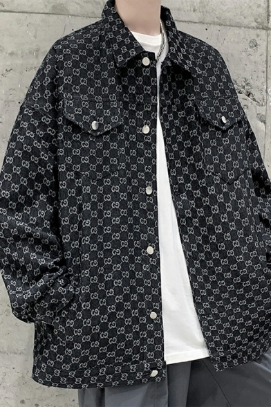 Modern Guys All over Print Baggy Pocket Long Sleeve Turn-down Collar Button Closure Jacket