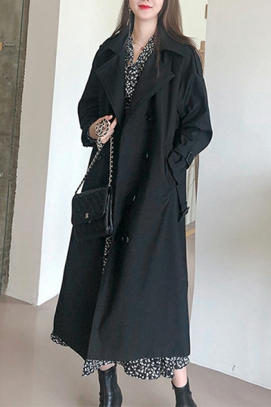 Modern Ladies Whole Colored Lapel Collar Regular Long Sleeve Double-Breasted Trench Coat