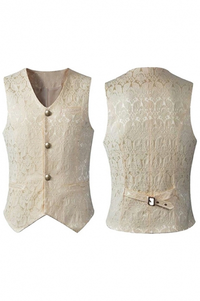 Retro Jacquard Print Buckle Back V-Neck Button Fly Sleeveless Fitted Vest for Men