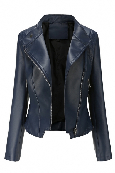 Street Style Ladies Solid Color Pocket Design Long Sleeves Slimming Zipper Leather Jacket