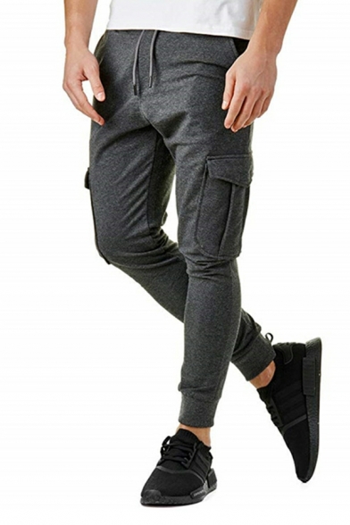Street Style Men Plain Drawstring Flap Pocket Mid Rise Full Length Cargo Pants