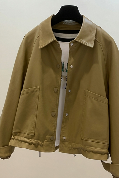 Vintage Girls Plain Spread Collar Front Pocket Long Sleeve Regular Button Fly Leather Coat