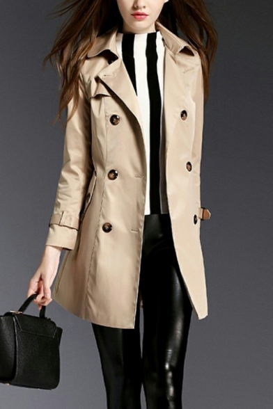 Women Freestyle Plain Belt Design Long-sleeved Lapel Collar Double Breasted Trench Coat