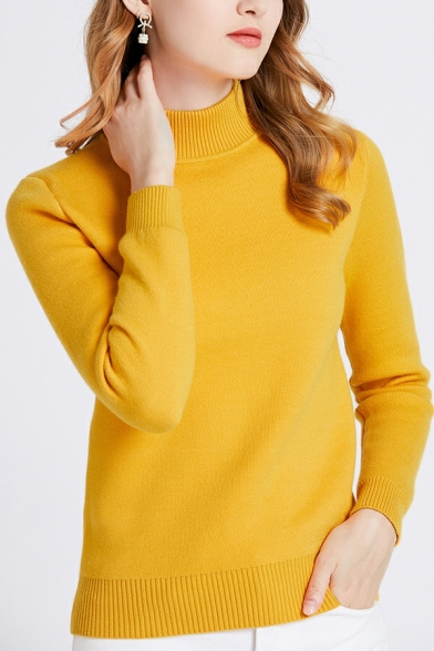Women Leisure Pure Color High Neck Long Sleeves Rib Hem Fitted Knitted Top