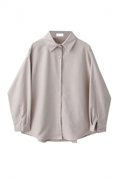 Women Trendy Pure Color Loose Fitted Turn-down Collar Long-Sleeved Button Up Shirt