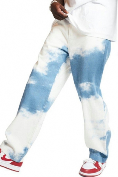 Dashing Guys Tie Dye Printed Full Length Mid Waist Loose Fitted Zip Fly Jeans for Men