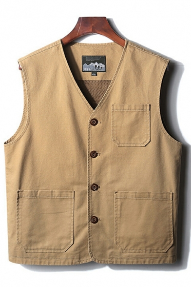 Edgy Men Plain V-neck Chest Pocket Relaxed Button Closure Vest