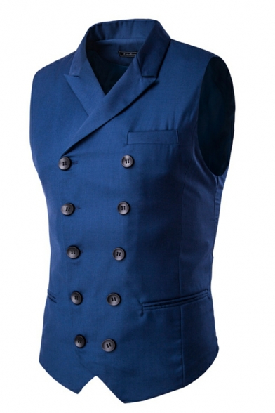 Guys Edgy Plain Lapel Collar Sleeveless Slimming Double Breasted Vest