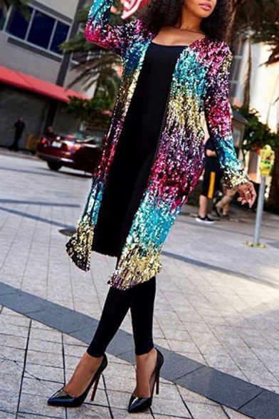 Ladies Fashion Sequined Print V-neck Long Sleeves Regular Fit Open Front Trench Coat