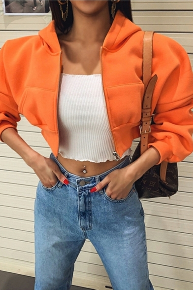 Ladies Hot Pure Color Hooded Long-Sleeved Regular Fit Pocket Front Zipper Crop Hoodie