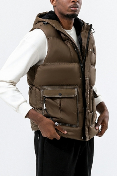 Stylish Solid Color Flap Pocket Hooded Regular Fitted Button-up Vest for Guys