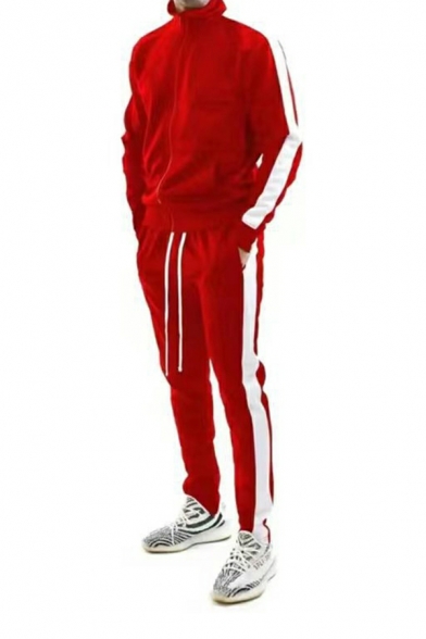 Autumn Casual Sports Suit Men Long Sleeve Stand Collar Zipper Jacket & Slim Pants