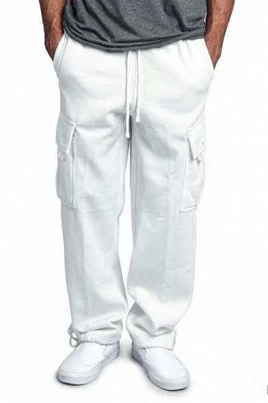 Boy's Sporty Whole Colored Flap Pocket Drawcord Mid Rise Loose Cargo Pants