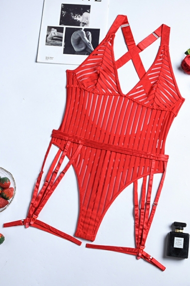 Creative Whole Colored Halter Sleeveless Hollow Out Bodysuit for Ladies