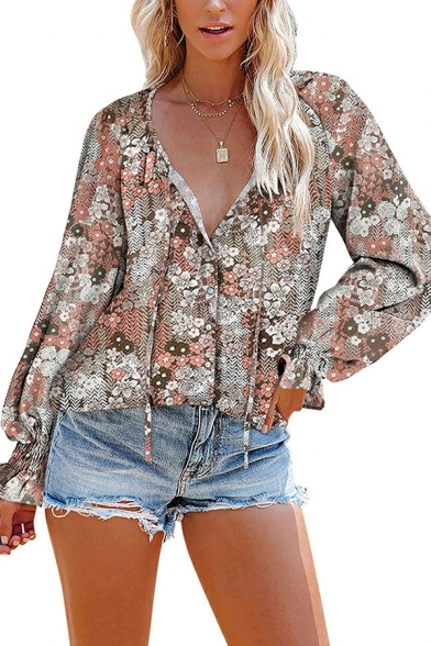 Edgy Floral Print V-neck Fitted Drawstring Long Sleeves Button Down Shirt for Women