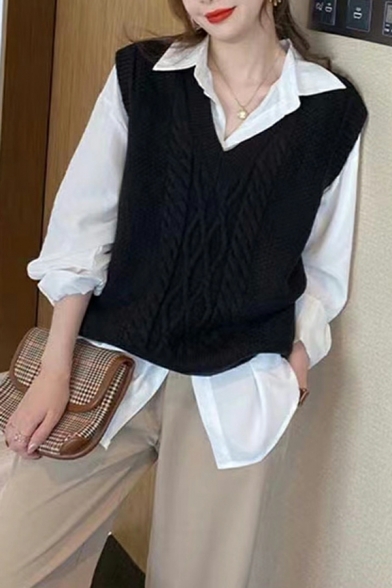 Edgy Women Pure Color V Neck Sleeveless Cable Knit Relaxed Knitted Vest
