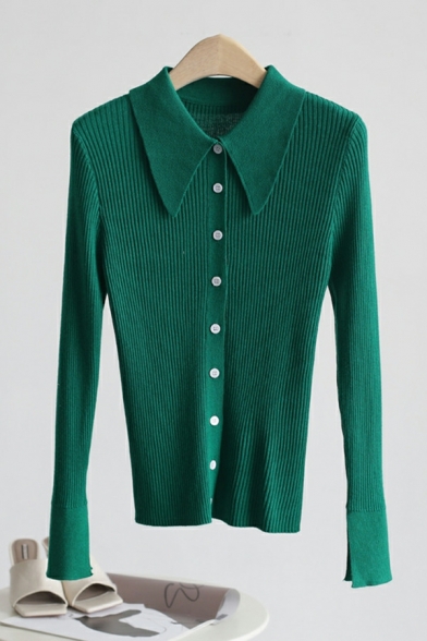 Elegant Girls Whole Colored Spread Collar Long Sleeve Slim Fit Button down Knitted Top