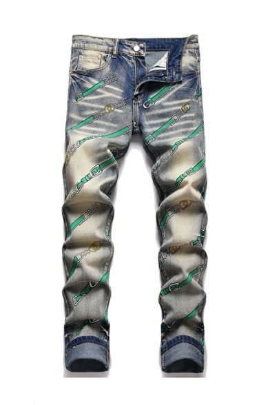 Elegant Star Printed Pocket Design Mid Rise Full Length Straight Zip Placket Jeans for Men