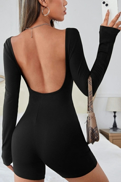 Enchanting Women Whole Colored Round Neck Slim Fitted Long Sleeve Backless Bodysuit