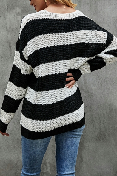 Fascinating Girls Striped Print V Neck Long Sleeve Loose Fitted Knitted Top