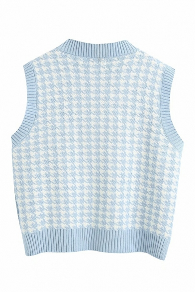 Girlish Houndstooth Pattern Sleeveless V-neck Relaxed Knitted Vest for Women
