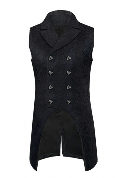 Guy's Fashionable Pure Color Sleeveless Lapel Collar Skinny Double Breasted Irregular Coat