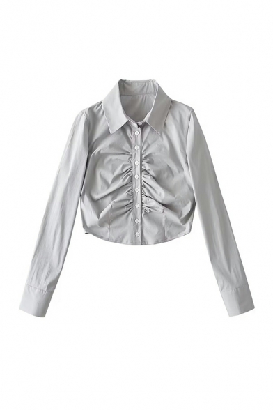 Hot Ladies Pure Color Ruched Design Long Sleeve Point Collar Button-up Shirt