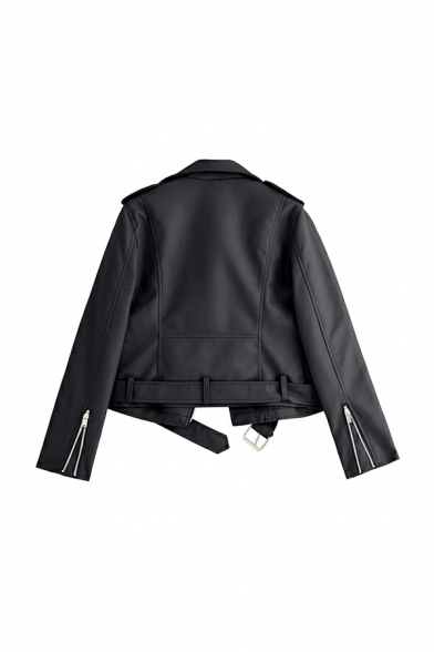 Ladies Edgy Pure Color Pocket Lapel Collar Long Sleeve Zip Fly Leather Jacket