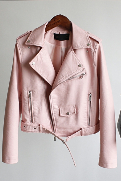 Leisure Women Solid Belt up Lapel Collar Long Sleeve Relaxed Zip Fly Leather Jacket