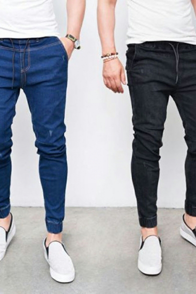 Men Boyish Pure Color Pocket Decoration Mid Rise Skinny Drawstring Waist Jeans