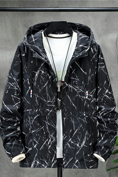 Modern Guys Solid Color Pocket Long Sleeve Hooded Drawstring Loose Fit Zip Closure Jacket