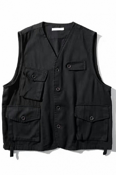 Modern Men Whole Colored Multi-Pockets V-neck Oversized Button Placket Vest