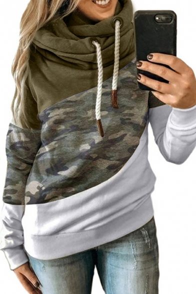 Simple Hoodie Color-blocking Drawstring Long Sleeve Regular Hooded Hoodie for Girls