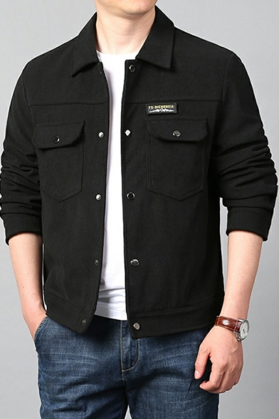 Street Look Solid Chest Pocket Long Sleeves Regular Button Fly Spread Neck Jacket for Guys