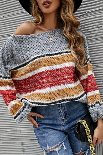 Women Trendy Striped Printed One Shoulder Long-sleeved Loose Fit Knitted Top