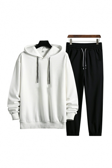 Casual Guys Solid Color Drawstring Long Sleeve Hoodie with Pants Fitted Two Piece Set