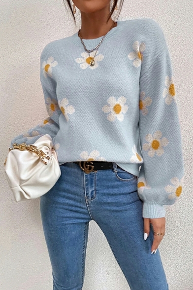 Fascinating Girls Floral Pattern Round Neck Long Sleeve Regular Knitted Top