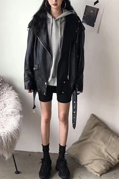 Fashion Ladies Solid Button Design Lapel Collar Long Sleeve Baggy Zip Up Leather Jacket