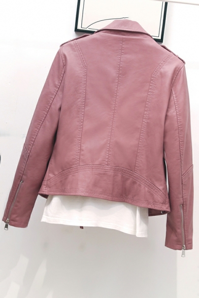 Fashionable Ladies Solid Color Lapel Collar Long Sleeve Regular Zip Up Leather Jacket