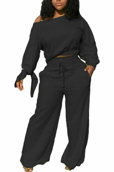 Ladies Stylish Solid One Shoulder Long Sleeves Sweatshirt with Drawstring Pants Set
