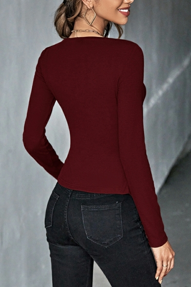 Ladies Urban Solid V-neck Long Sleeves Hollow Detail Skinny Knitted Top