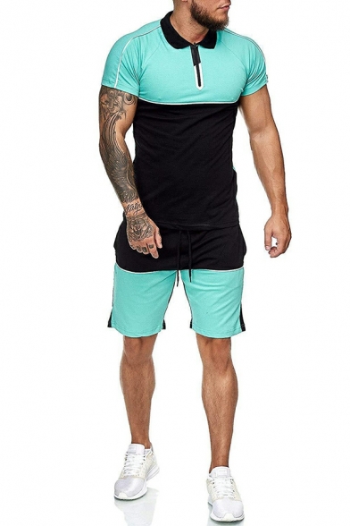 Men Classic Contrast Color Short Sleeve Zip-up Polo Shirt & Drawcord Shorts Slim Co-ords