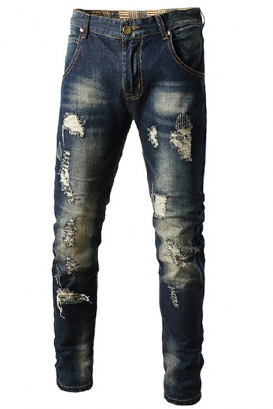 Men Creative Pure Color Destroyed Design Slimming Full Length Pocket Zip Placket Jeans