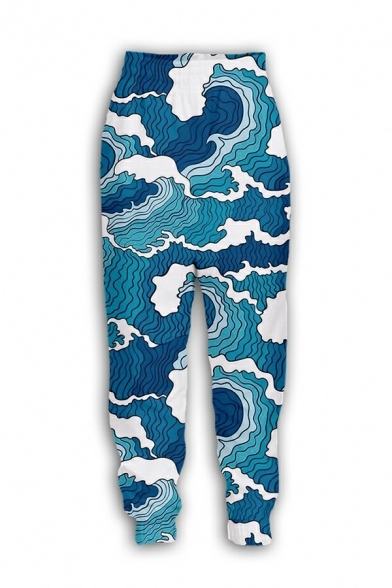 Modern 3D Wave Pattern Mid Rise Long Length Regular Fit Elastic Waist Pants for Men