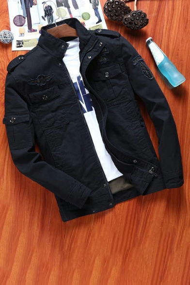 Modern Guys Solid Color Chest Pocket Long Sleeve Stand Collar Fitted Zip down Jacket