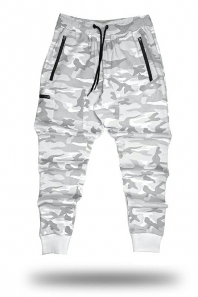 Sporty Men Camouflage Pattern Pocket Decoration Mid Waist Skinny Drawstring Pants for Men