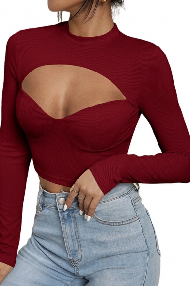Street Look Plain Long Sleeves Mock Neck Slimming Hollow Out Crop Knitted Top for Girls