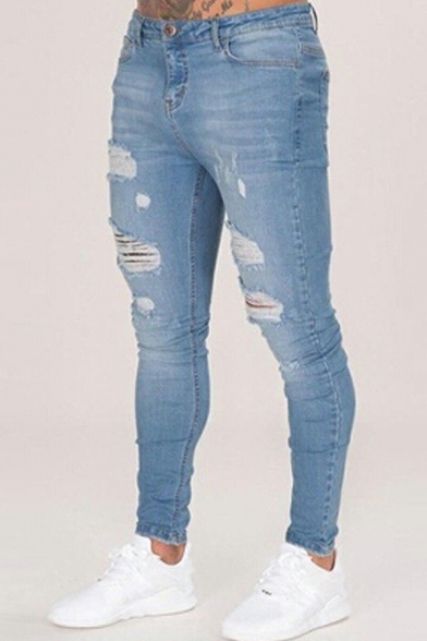 Urban Jeans Plain Distressed Skinny Full Length Mid Rise Zip Placket Jeans for Men