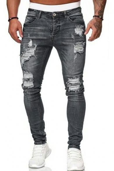 Urban Jeans Solid Color Distressed Ankle Length Slim Fit Zip Closure Jeans for Men