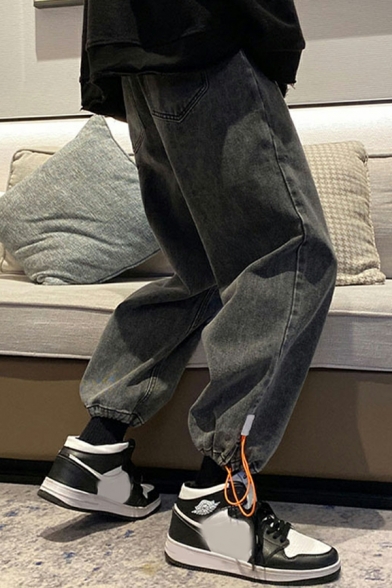 Vintage Guy's Plain Pocket Mid Waist Loose Ankle Length Regular Zip down Pants